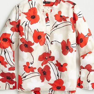100% silk J Crew long-sleeved blouse, light tan with red poppies, Size L
